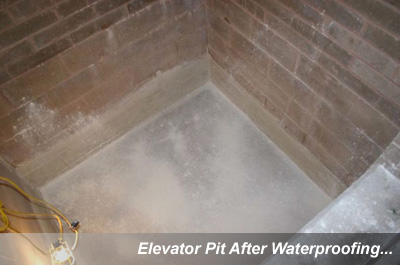 Elevator pit after waterproofing, with sealed concrete walls and floor to prevent water intrusion and ensure long-term protection.