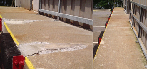 The damaged loading dock with cracked and deteriorating concrete is in need of repair to prevent further structural issues and safety hazards.